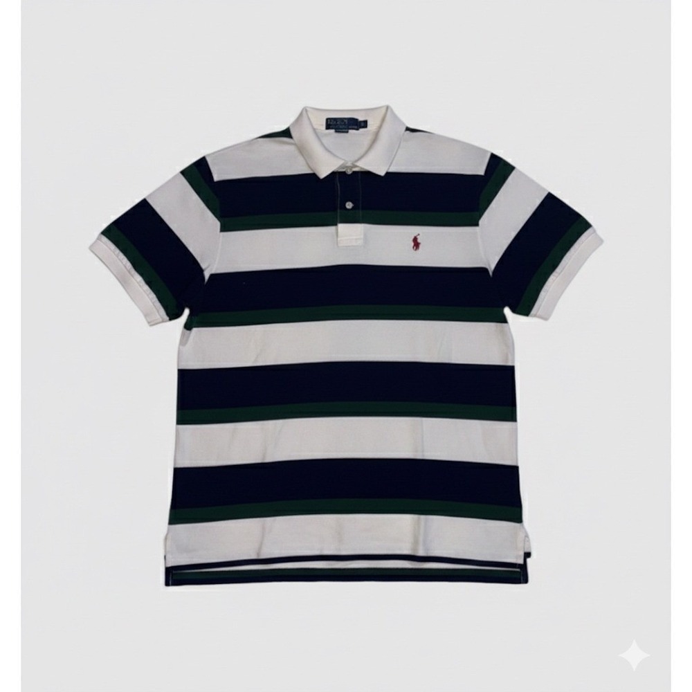 Polo by Ralph Lauren Green Navy Striped Mens‎ Polo Sz L Cotton Classic Preppy
